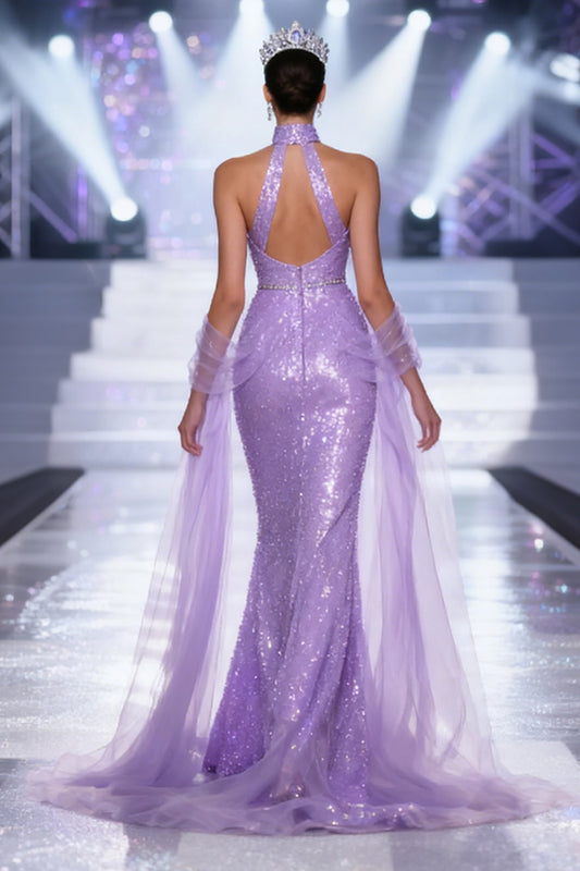 Sparkly Light Purple Sequins V-Neck Mermaid Long Pageant Dress