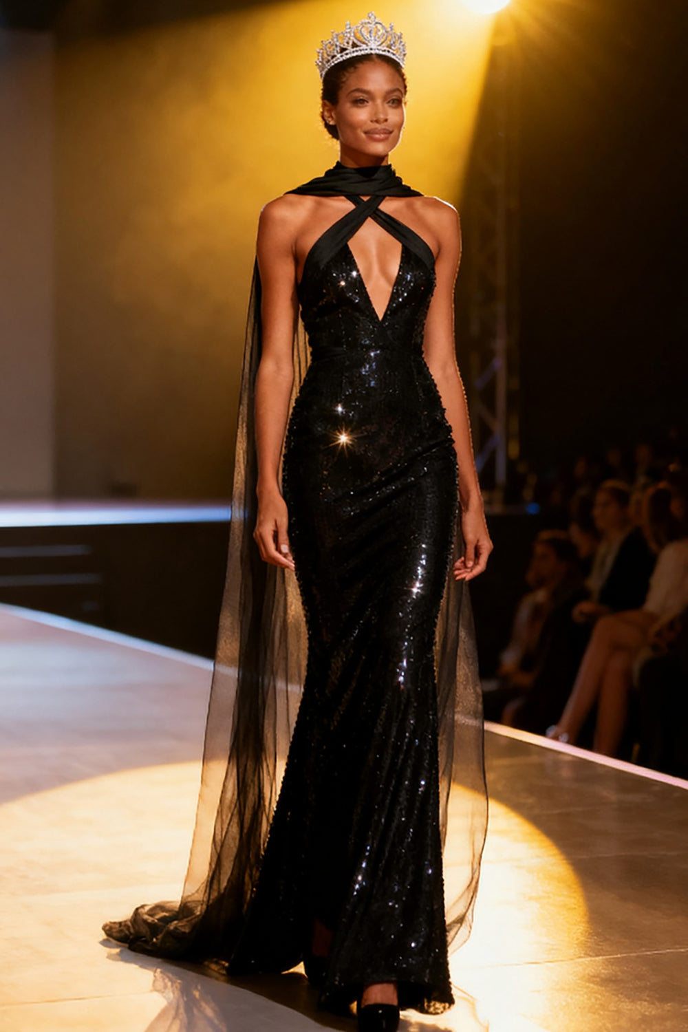 Zapakasa Women Sparkly Black Sequins Long Pageant Dress Neck Scarf V-Neck Criss Cross Back Black Tie Dress Zapakasa Women Sparkly Black Sequins Long Pageant Dress Neck Scarf V-Neck Criss Cross Back Black Tie Dress