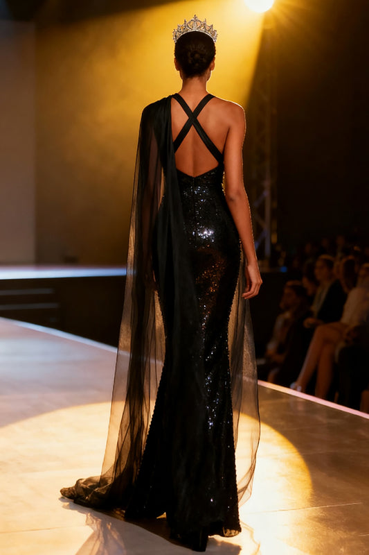 Sparkly Black Sequins Neck Scarf V-Neck Long Pageant Dress