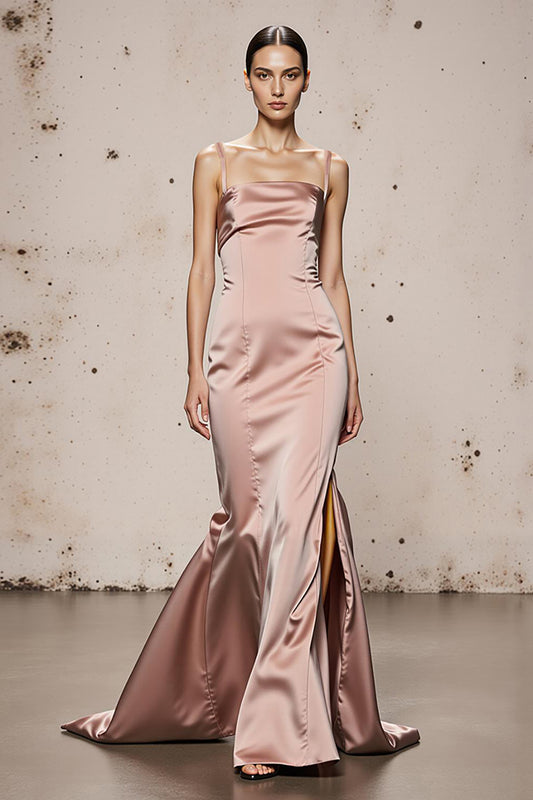 Light Pink Spaghetti Straps Satin Mermaid Long Formal Dress with Slit