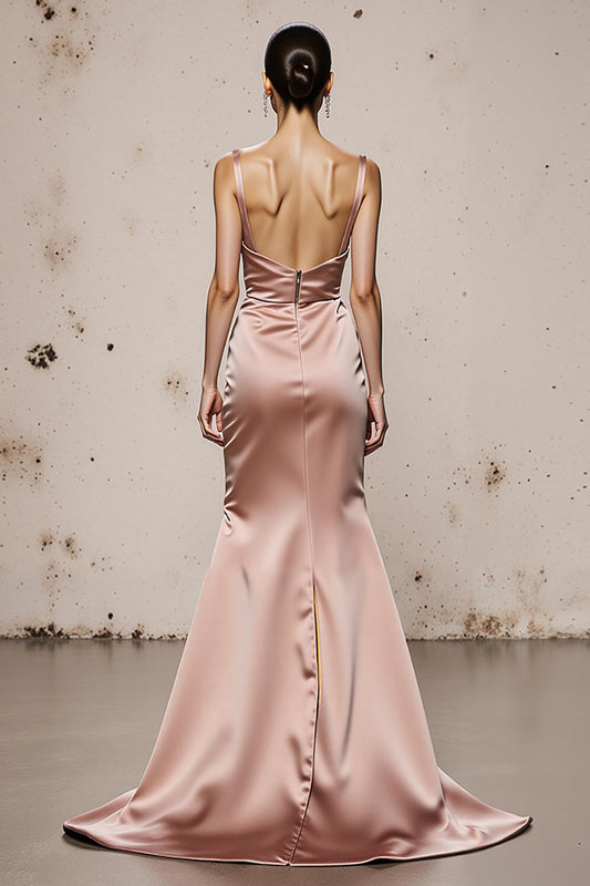 Light Pink Spaghetti Straps Satin Mermaid Long Formal Dress with Slit