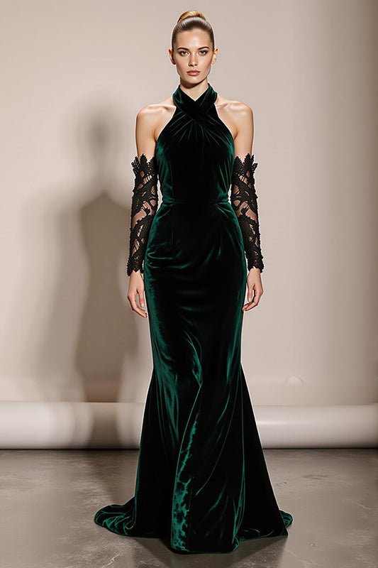 Dark Green Halter Velvet Mermaid Long Formal Dress
