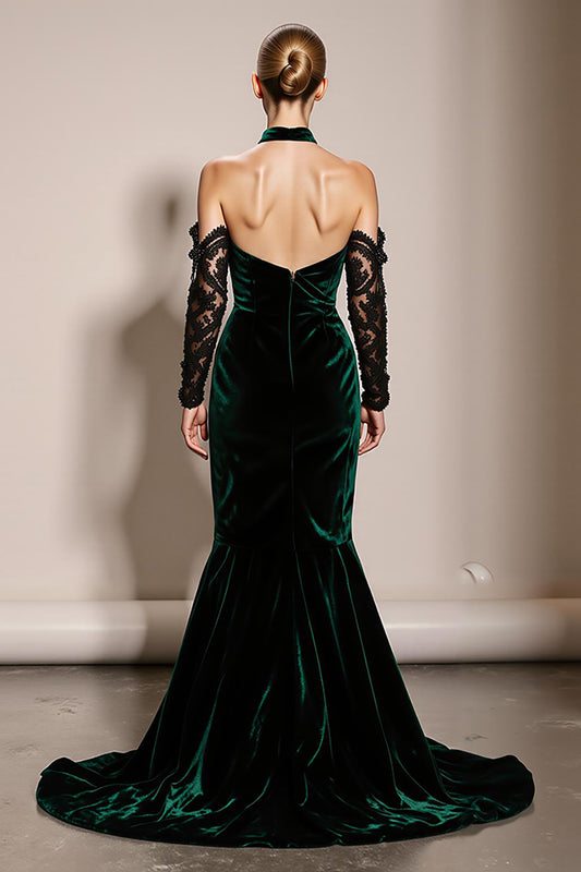 Dark Green Halter Velvet Mermaid Long Formal Dress