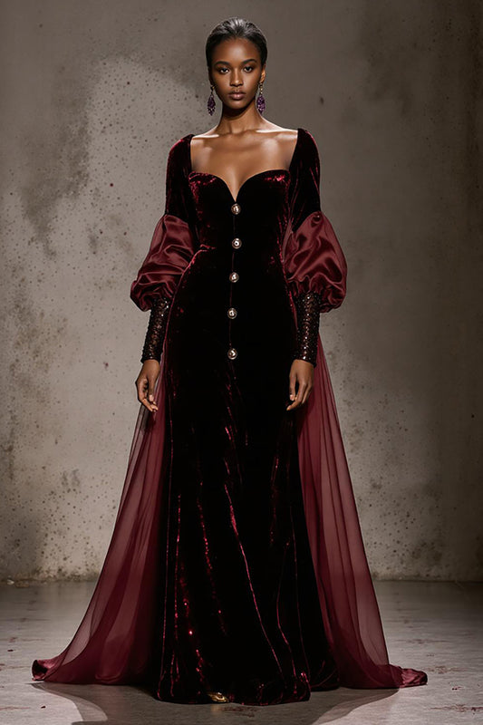 Zapaka Burgundy Velvet Long Formal Dress with Cape Long Sleeves Glitter Holiday Party Dress