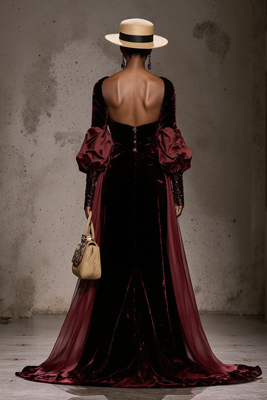 Burgundy Velvet Long Sleeves Formal Dress with Cape