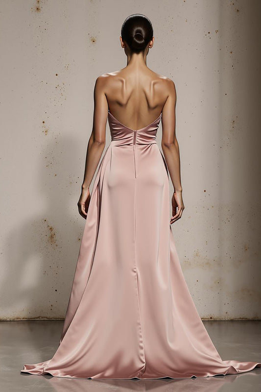 Simple Light Pink Satin Strapless Long Formal Dress with Slit
