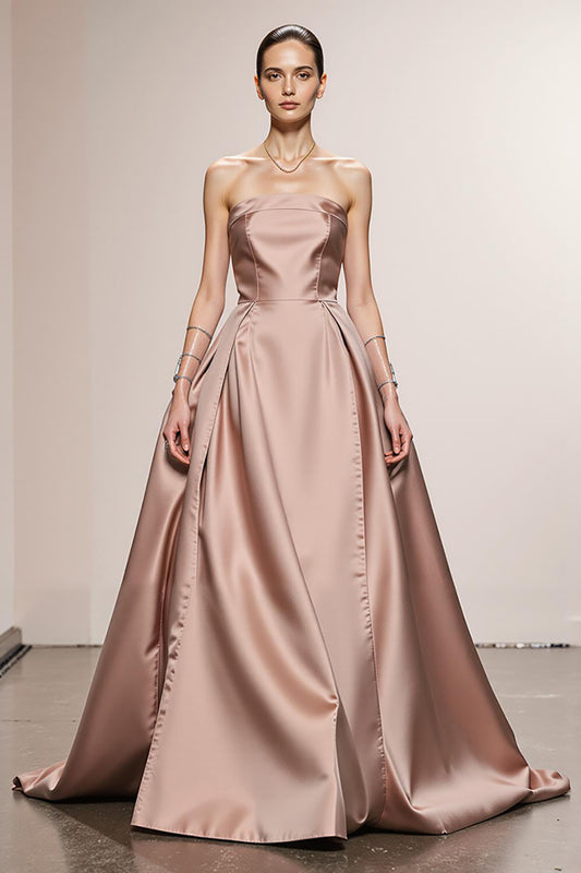 Simple Light Pink A Line Satin Strapless Long Formal Dress