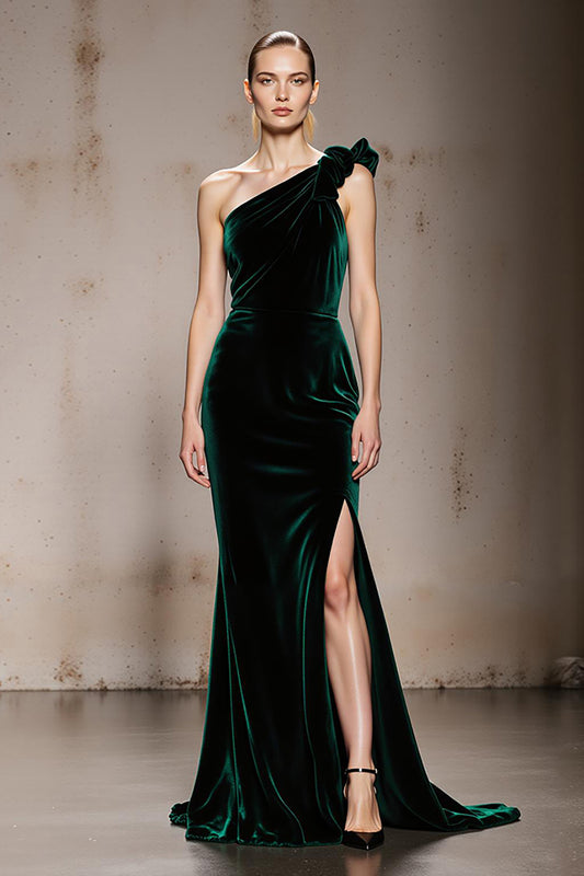Dark Green One Shoulder Velvet Mermaid Long Formal Dress with Slit