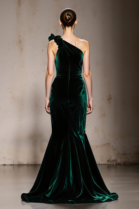 Dark Green One Shoulder Velvet Mermaid Long Formal Dress with Slit