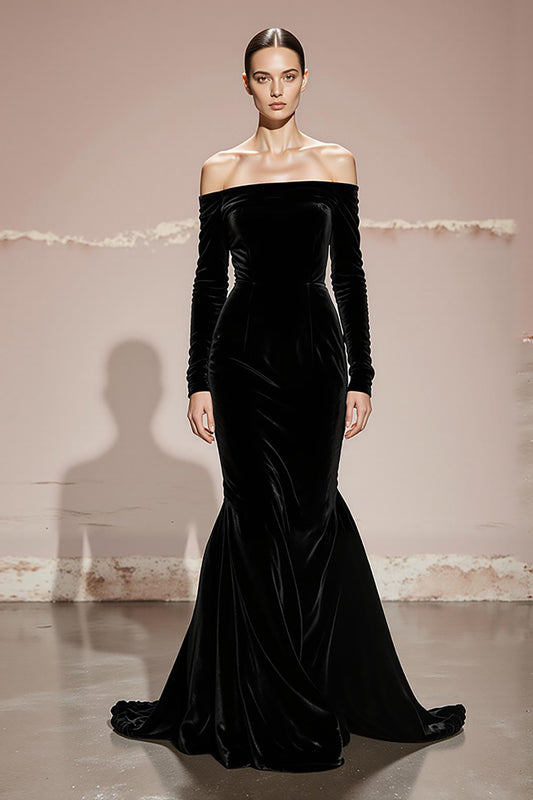 Black Velvet Mermaid Off the Shoulder Long Formal Dress with Sleeves