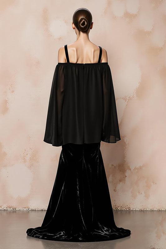 Black Mermaid Velvet Cold Shoulder Long Formal Dress