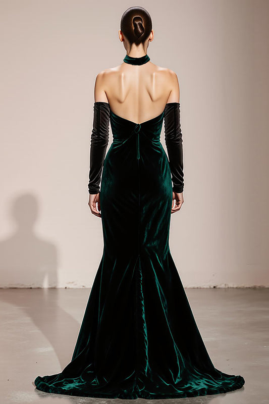 Dark Green Mermaid Halter Velvet Long Formal Dress