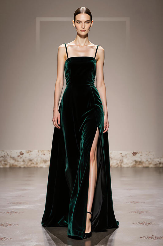 Dark Green Velvet Spaghetti Straps Long Formal Dress with Slit