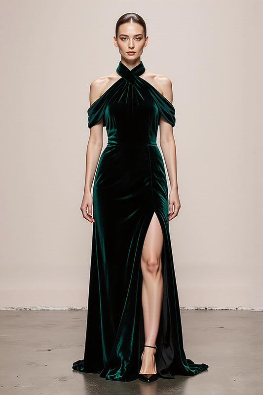 Simple Dark Green Velvet Halter Long Formal Dress with Slit