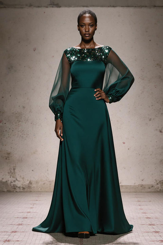 Sparkly Dark Green Boat Neck A Line Long Formal Dress with Sleeves