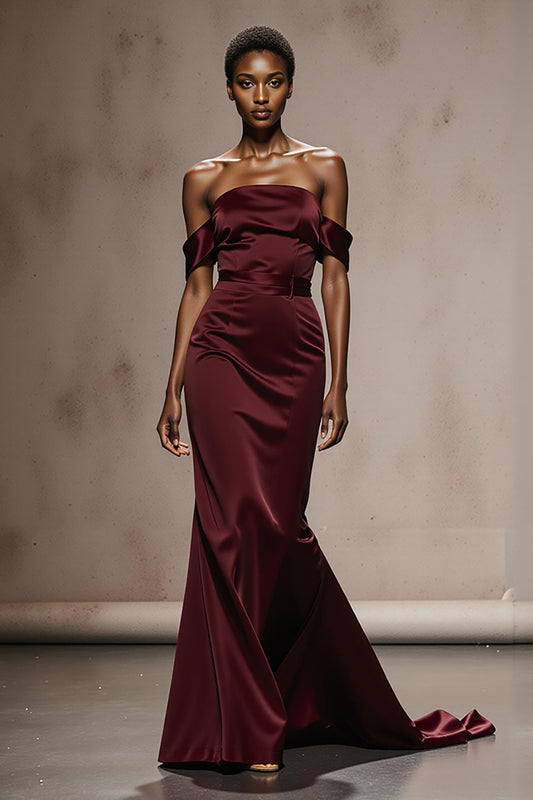 Burgundy Satin Mermaid Off the Shoulder Long Formal Dress