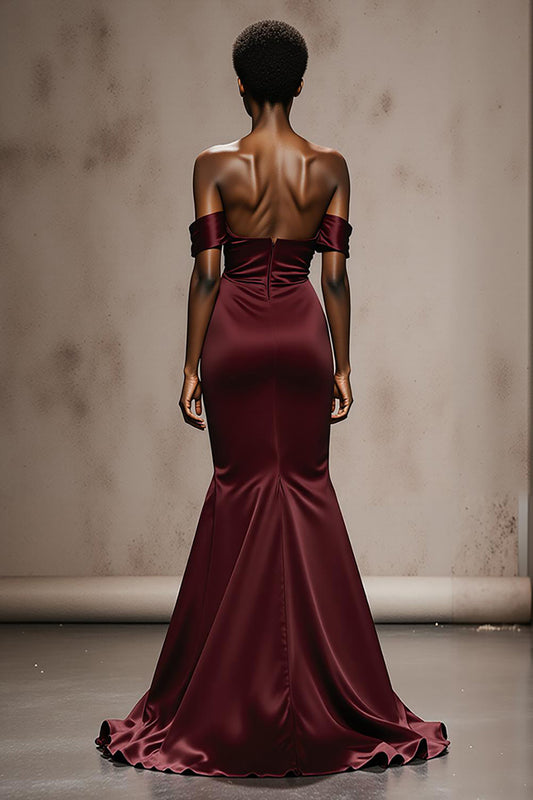 Burgundy Satin Mermaid Off the Shoulder Long Formal Dress