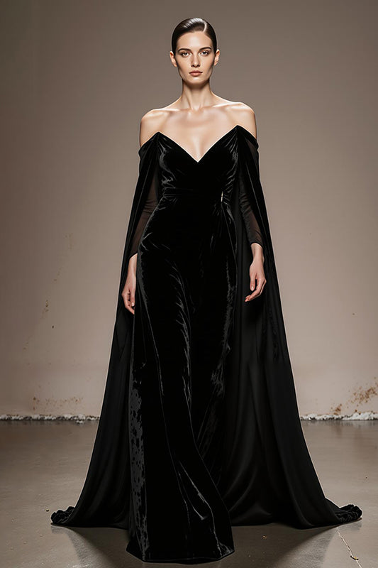 Zapaka Black Velvet Long Formal Dress with Sleeves Off the Shoulder Holiday Dress with Cape