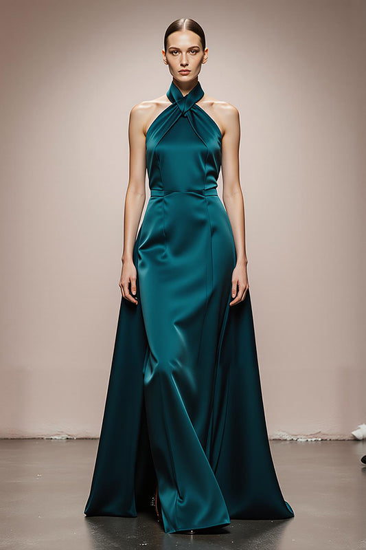 Dark Green A Line Halter Satin Long Formal Dress
