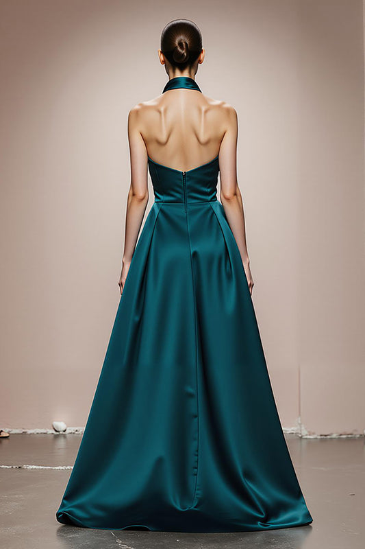 Dark Green A Line Halter Satin Long Formal Dress