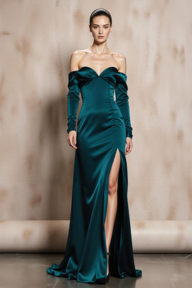 Dark Green Off the Shoulder Satin Long Sleeves Formal Dress with Slit