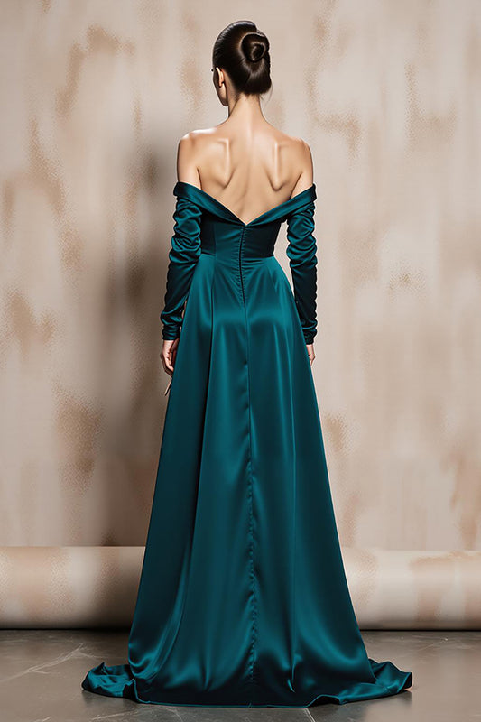 Dark Green Off the Shoulder Satin Long Sleeves Formal Dress with Slit