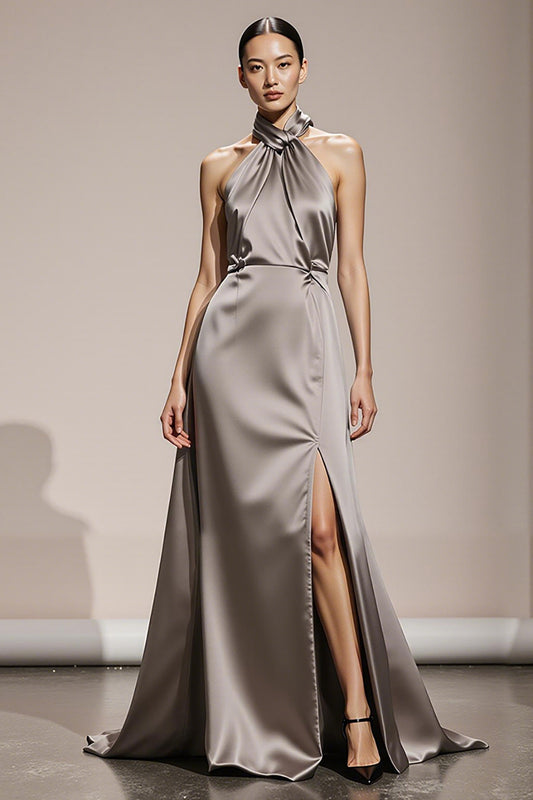 Simple Silver Halter Satin Formal Dress with Slit