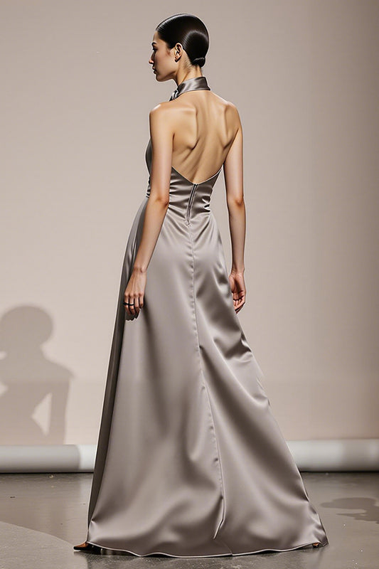 Simple Silver Halter Satin Formal Dress with Slit