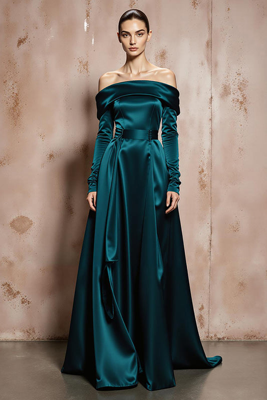 Dark Green Off the Shoulder A Line Long Satin Formal Dress with Sleeves