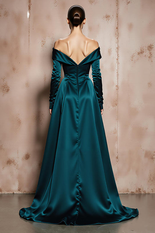 Dark Green Off the Shoulder A Line Long Satin Formal Dress with Sleeves