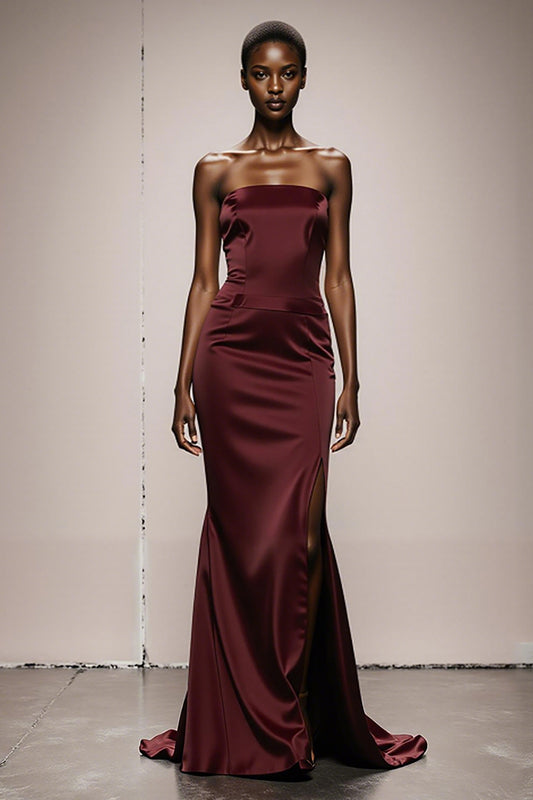 Simple Burgundy Strapless Satin Mermaid Long Formal Dress