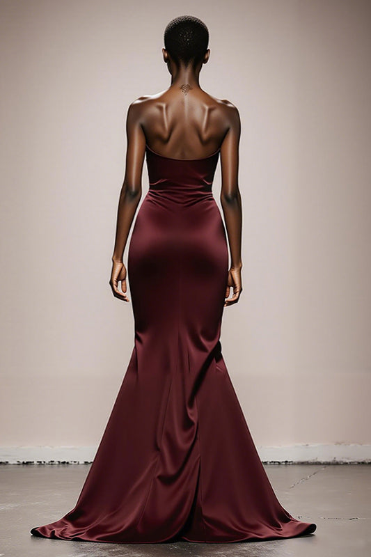 Simple Burgundy Strapless Satin Mermaid Long Formal Dress