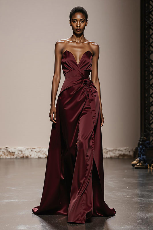 Simple Burgundy Satin Strapless Long Formal Dress