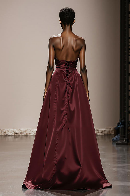 Simple Burgundy Satin Strapless Long Formal Dress