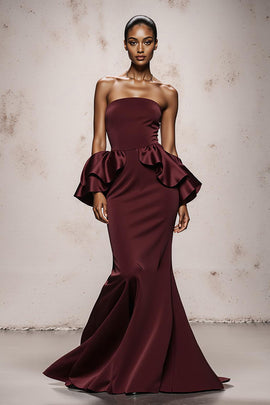 Burgundy Satin Strapless Mermaid Long Formal Dress with Ruffles