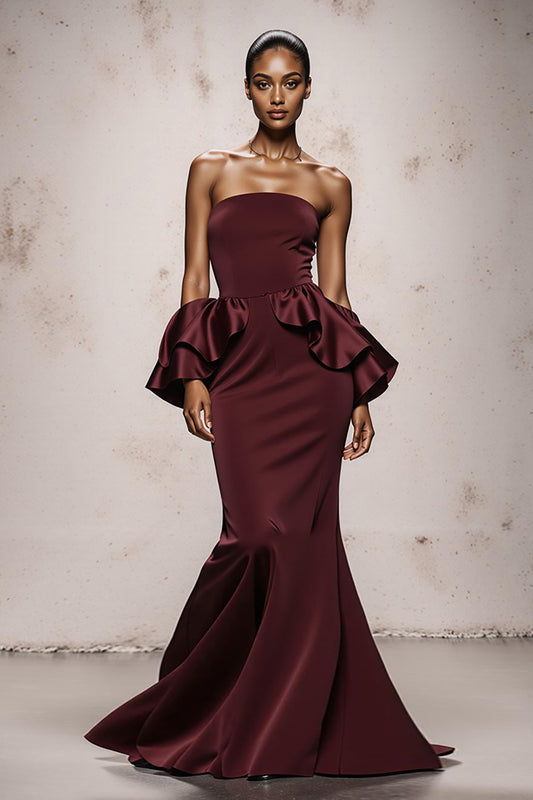 Burgundy Satin Strapless Mermaid Long Formal Dress with Ruffles