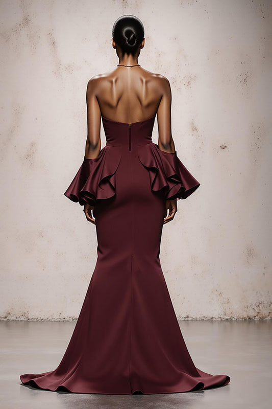 Burgundy Satin Strapless Mermaid Long Formal Dress with Ruffles