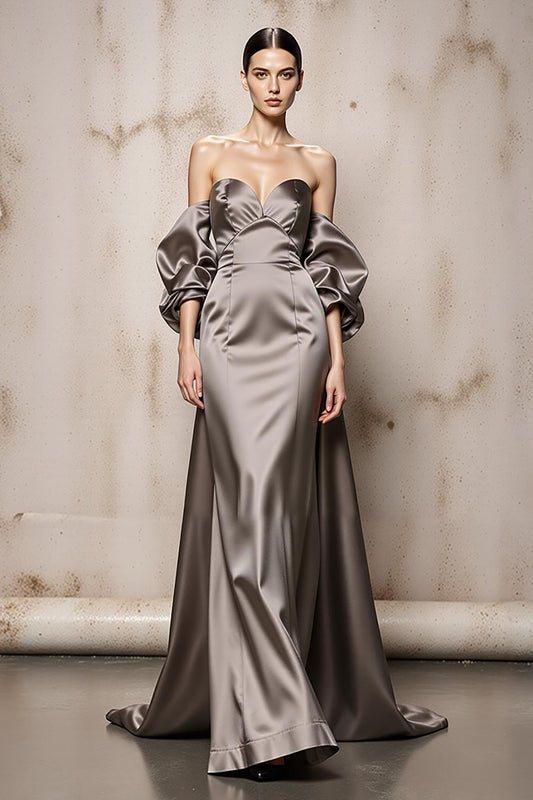 Sliver Satin Off the Shoulder Long Formal Dress with Sleeves