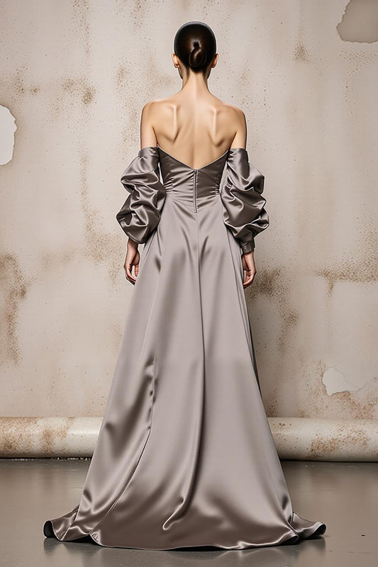 Sliver Satin Off the Shoulder Long Formal Dress with Sleeves
