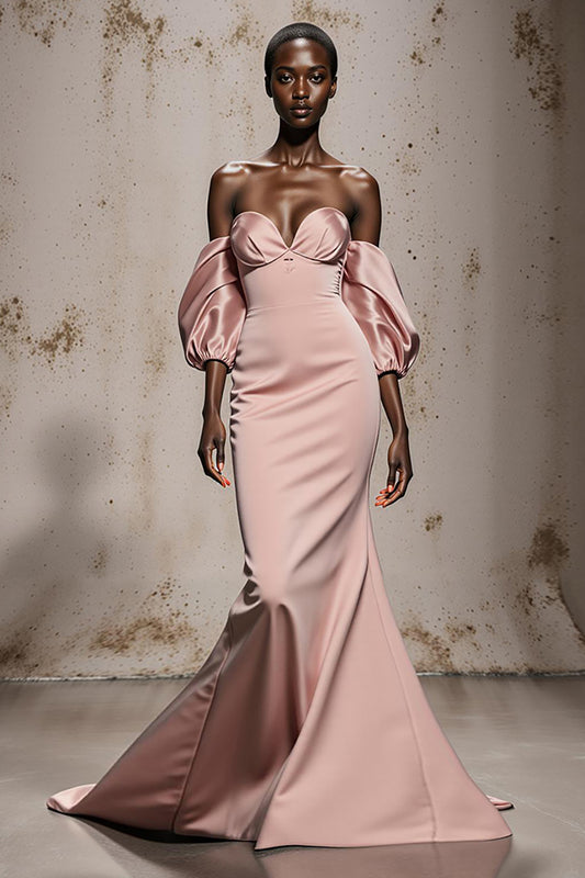 Light Pink Satin Mermaid Long Formal Dress with Sleeves