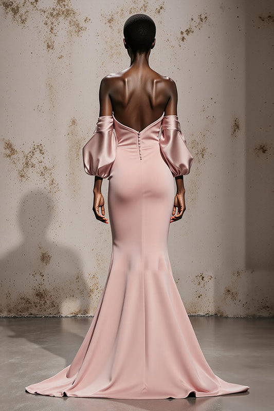 Light Pink Satin Mermaid Long Formal Dress with Sleeves