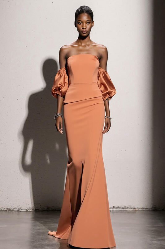 Orange Mermaid Satin Long Formal Dress with Sleeves
