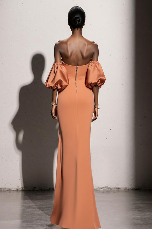 Orange Mermaid Satin Long Formal Dress with Sleeves