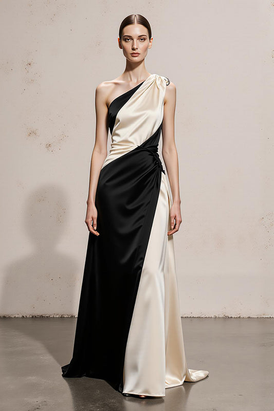 Black and White Satin Sheath One Shoulder Long Formal Dress