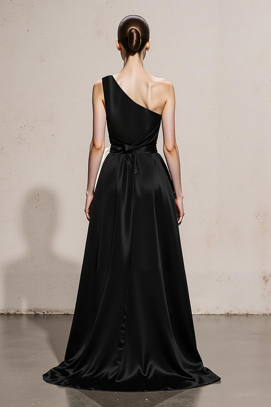 Black and White Satin Sheath One Shoulder Long Formal Dress