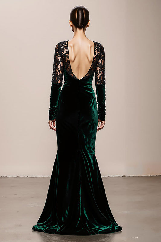 Dark Green V-Neck Velvet Mermaid Long Formal Dress with Lace