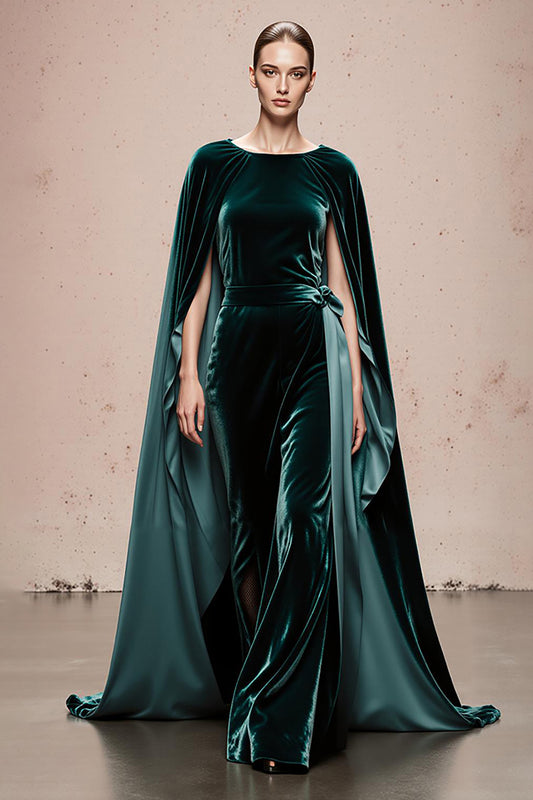 Dark Green Velvet Boat Neck Long Formal Dress with Cape