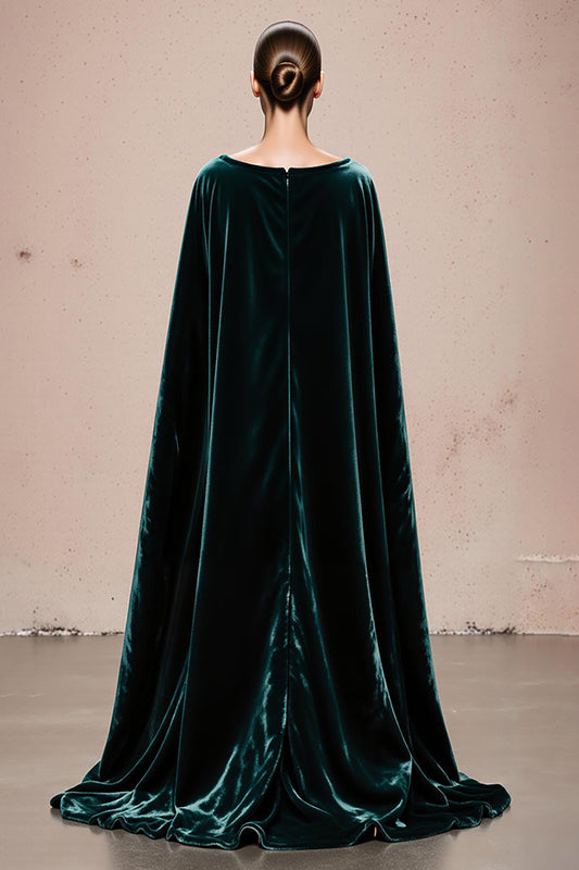 Dark Green Velvet Boat Neck Long Formal Dress with Cape