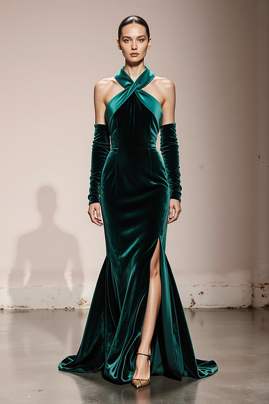 Dark Green Velvet Halter Mermaid Long Formal Dress with Slit