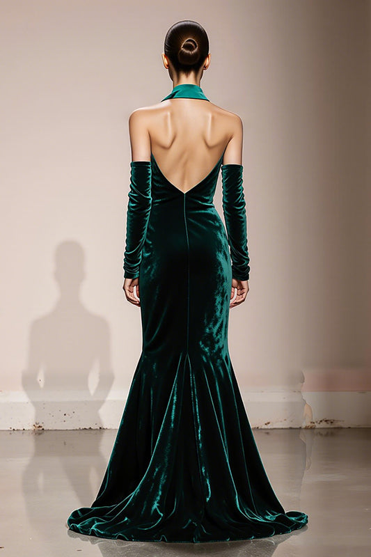 Dark Green Velvet Halter Mermaid Long Formal Dress with Slit